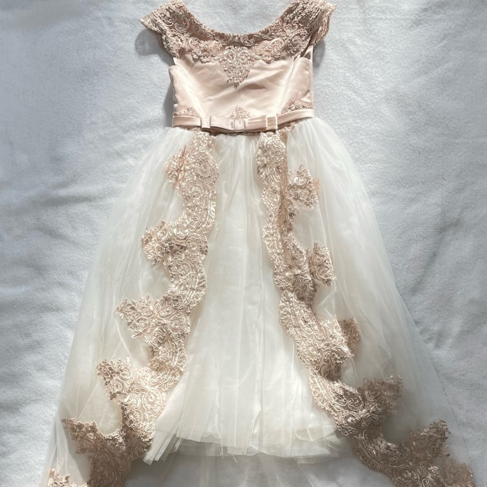 Girls satin, lace & tulle bridesmaid flower girl formal dress w/ train size 2-3 - Picture 4 of 12